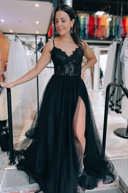 Dainty Chiffon Dress Black V Neck Lace Tulle Long Prom Dresses with Slit,DP1401