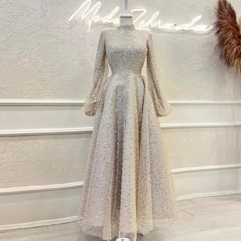 Gold Embellished Gown Luxury High Neck Long Sleeves Muslim Formal Prom Dress Evening Gowns,DP1145 Gold Embellished Gown Luxury High Neck Long Sleeves Muslim Formal Prom Dress Evening Gowns,DP1145