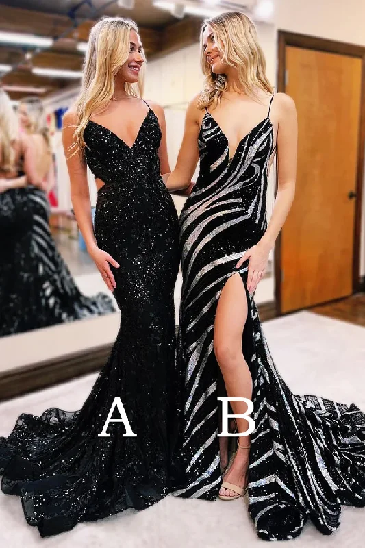 Timeless Satin Dress Black V Neck Sequins Backless Mermaid Long Prom Dresses,DP1379