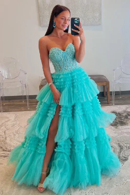 Side Slit Gown Mint Green A-Line Sweetheart Tulle Tiered Long Prom Dress with Appliques,DP1374 Side Slit Gown Mint Green A-Line Sweetheart Tulle Tiered Long Prom Dress with Appliques,DP1374