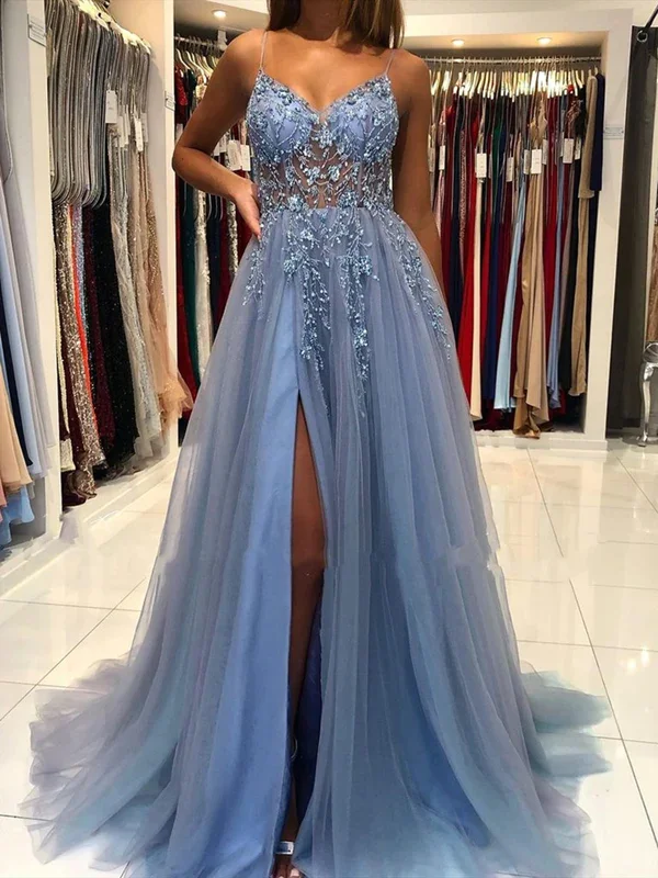 Sophisticated Party Dress Dusty Blue A-Line Tulle BeadsLong Prom Dress with Slit,DP1017