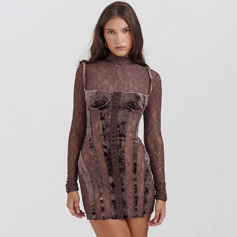 Dazzling Evening Dress Nostalgic High Neck Long Sleeve Velvet Panel Sheer Lace Corset Mini Dress Dazzling Evening Dress Nostalgic High Neck Long Sleeve Velvet Panel Sheer Lace Corset Mini Dress