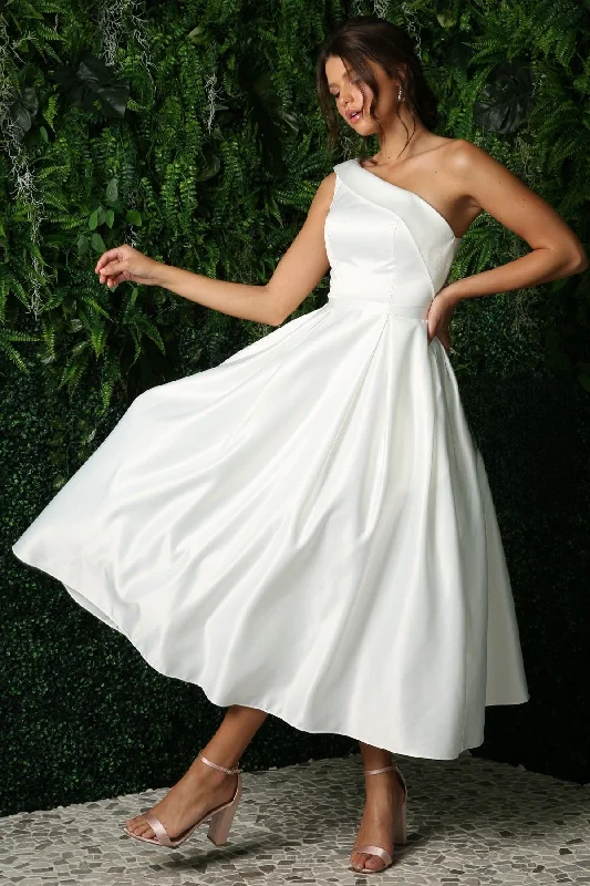 Pearl Embellished Gown Open Back Strap Satin One Shoulder Midi Wedding Dress NXJE931W Pearl Embellished Gown Open Back Strap Satin One Shoulder Midi Wedding Dress NXJE931W