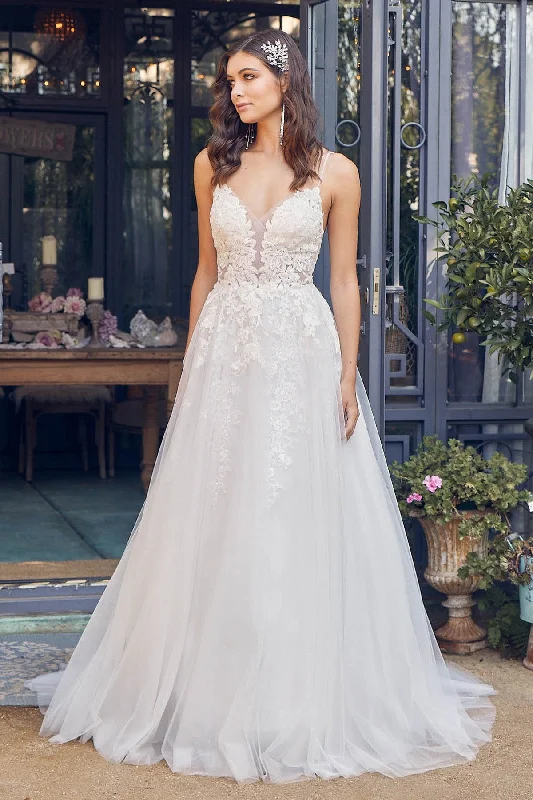 Rose Gold Dress Embroidered Lace Bodice Open Back Long Wedding Dress NXJE933