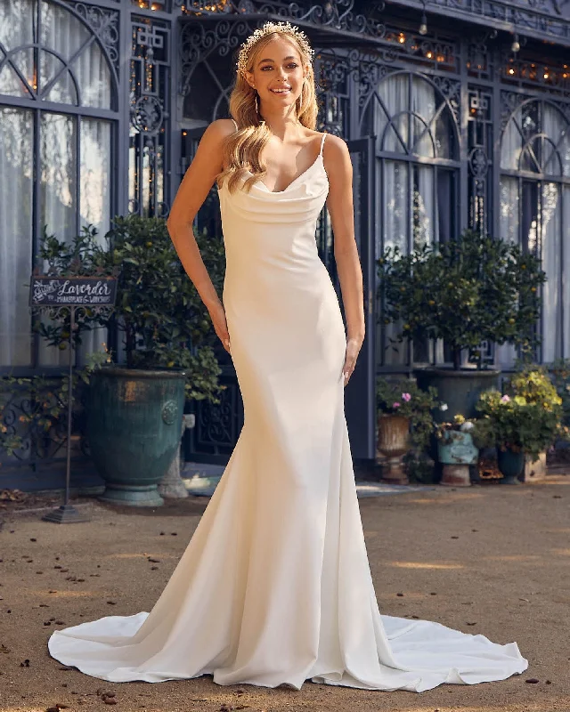Full Skirt Dress Satin Open Back Mermaid Cowl Neck Long Wedding Dress NXJE954