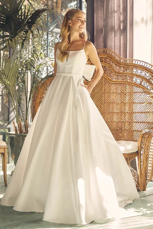 Elegant Ruffle Dress Illusion Straight Across A-Line Satin Spaghetti Straps Long Wedding Dress NXJE968 Elegant Ruffle Dress Illusion Straight Across A-Line Satin Spaghetti Straps Long Wedding Dress NXJE968