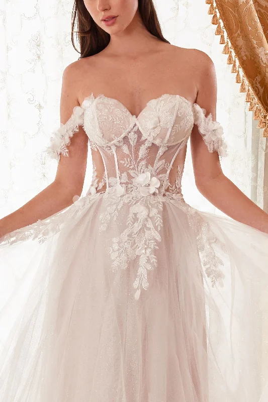 Royal Inspired Gown Off Shoulder Floral Applique A-Line Long Wedding Dress CDWN308