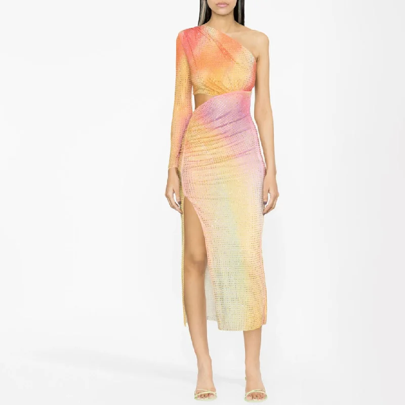 Unique Formal Dress Ombre Rainbow Rhinestone Cutout Split Ruched One Shoulder Mesh Midi Cocktail Dress Unique Formal Dress Ombre Rainbow Rhinestone Cutout Split Ruched One Shoulder Mesh Midi Cocktail Dress