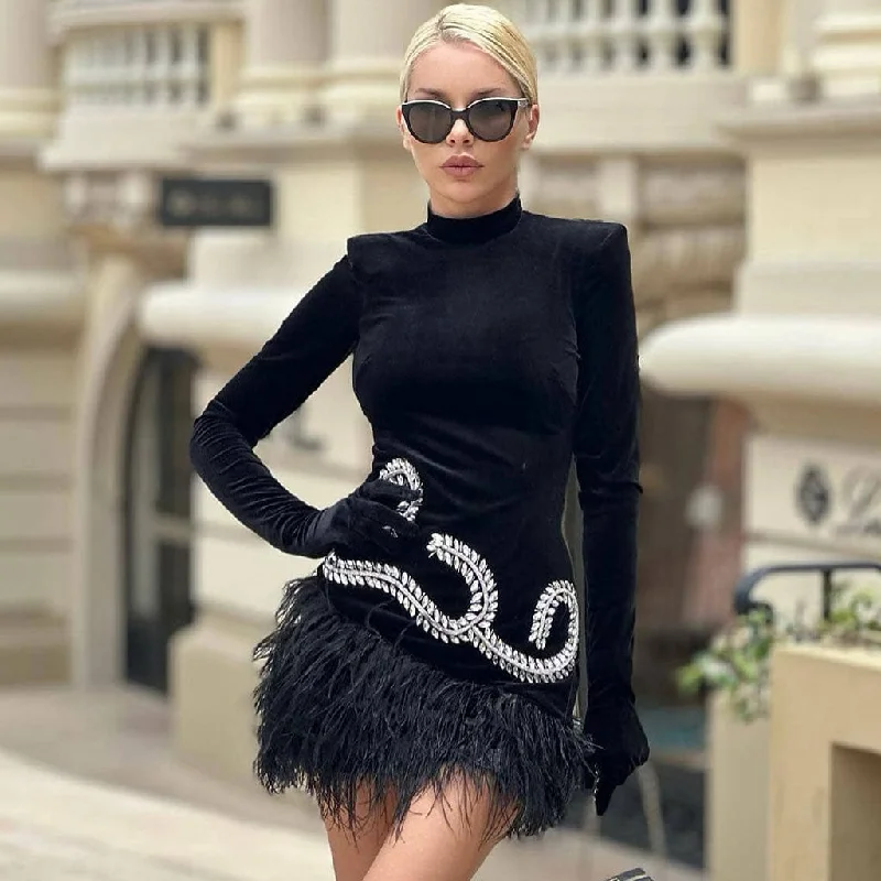 Dreamy Tulle Skirt Opulent High Neck Glove Sleeve Crystal Detail Velvet Feather Mini Dress Dreamy Tulle Skirt Opulent High Neck Glove Sleeve Crystal Detail Velvet Feather Mini Dress