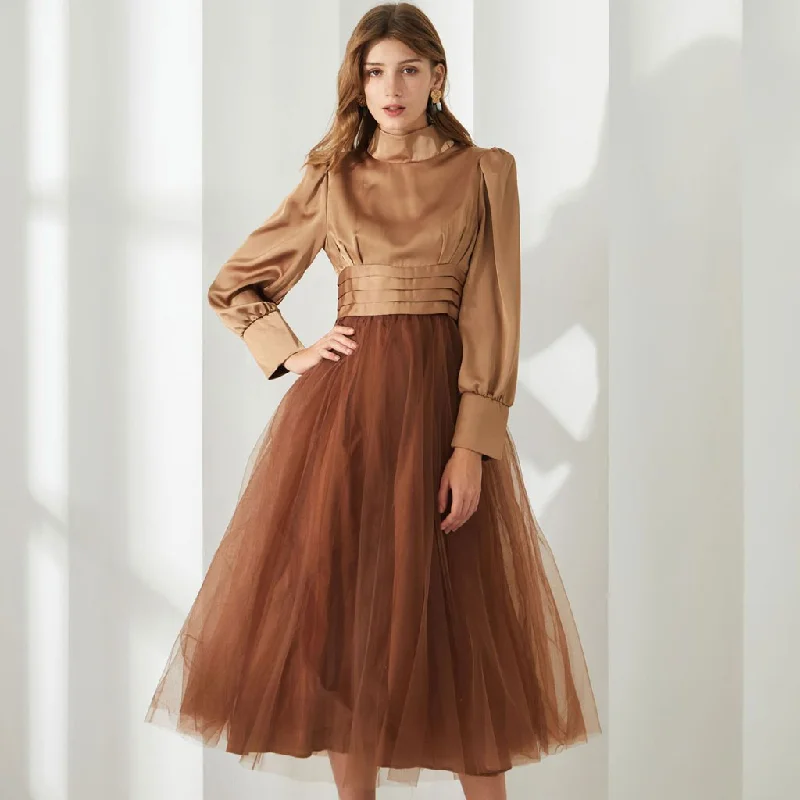 Fashionable Formal Dress Opulent Two Tone Mock Neck Pleated High Waist Puff Sleeve Midi Dress Fashionable Formal Dress Opulent Two Tone Mock Neck Pleated High Waist Puff Sleeve Midi Dress