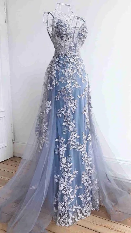Romantic Soft Satin Dress Blue Tulle Appliques Prom Dress Long Party Dress,DP1031