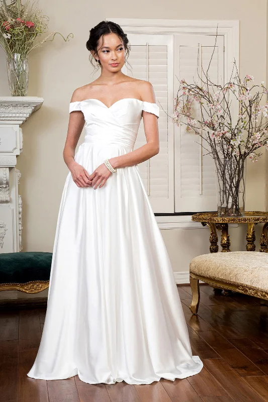 Eye-Catching Satin Gown Pleated Waistline Sweethearted Cut-Away Shoulder Satin A-Line Long Wedding Dress - Mask Not Included GLGL1908 Eye-Catching Satin Gown Pleated Waistline Sweethearted Cut-Away Shoulder Satin A-Line Long Wedding Dress - Mask Not Included GLGL1908