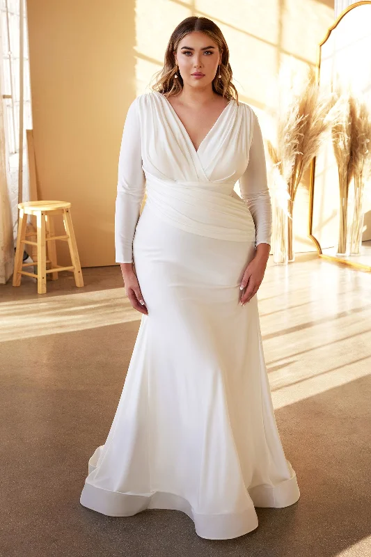 Lavish Evening Gown Plus Size Stretch Mermaid Fitted Bodice Plunging V-neck Long Sleeves Long Wedding Dress CDCD0169C Lavish Evening Gown Plus Size Stretch Mermaid Fitted Bodice Plunging V-neck Long Sleeves Long Wedding Dress CDCD0169C