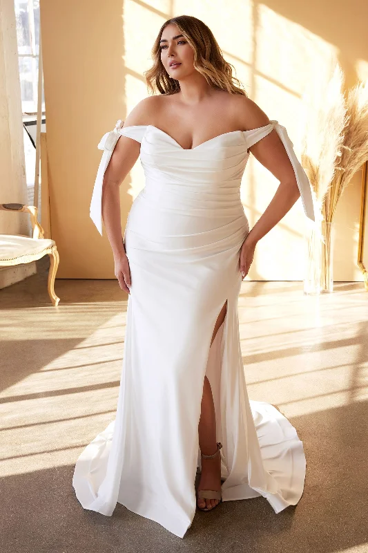 Sheer Panel Dress Plus Size Fitted Off Shoulders Cowl Neck Tied Straps Stretch Satin Long Wedding Dress CDCD944WC Sheer Panel Dress Plus Size Fitted Off Shoulders Cowl Neck Tied Straps Stretch Satin Long Wedding Dress CDCD944WC
