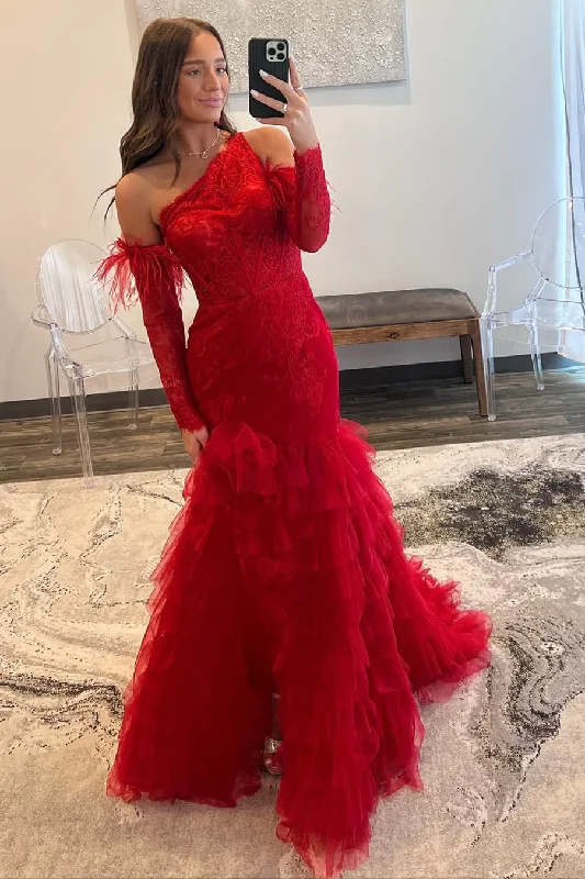 Dazzling Evening Dress Red Charming One Shoulder Tulle Tiered Mermaid Prom Dress,DP1026