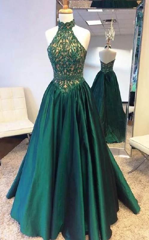 Eye-Catching Satin Gown Green Elegant Halter Satin Long Prom Dress With Lace Beading,DP1144