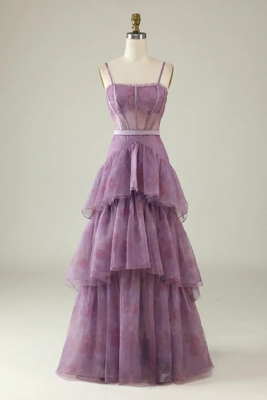 Romantic Floral Dress Purple Printed A-Line Layered Corset Long Prom Dress,DP1129