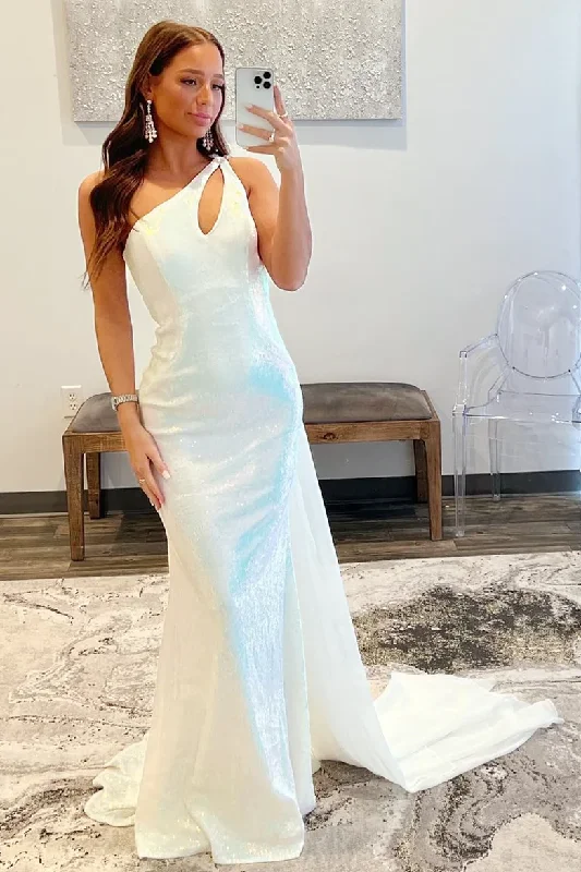 Beautiful Floor-Length Dress White One Shoulder Cut Out Mermaid Prom Dress,DP1027