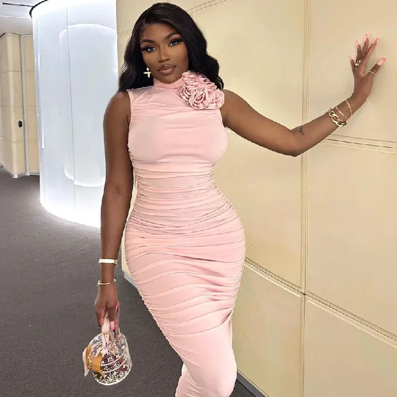 Red Carpet Dress Romantic Floral Corsage Ruched High Neck Sleeveless Bodycon Midi Cocktail Dress