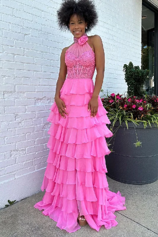 Beautiful Floor-Length Dress Hot Pink Halter Open Back Chiffon Tiered Long Prom Dress,DP1015