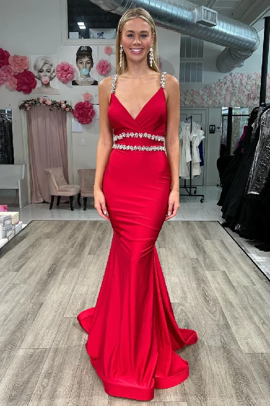 Perfect Fit Dress Sexy Red V Neck Satin Long Prom Dress with Beads,DP1022