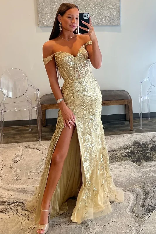 Polished Formal Dress Charming Gold Off Shoulder Sequined Long Prom Dress wiith Slit,DP1023