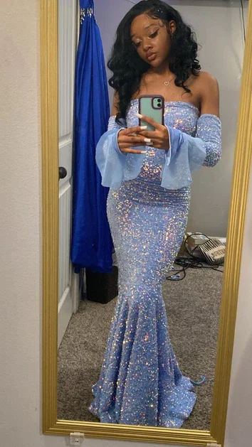 Subtle Shine Dress Blue Mermaid Strapless Sequins Long Prom Dress Balck Girl Evening Dress,DP1406