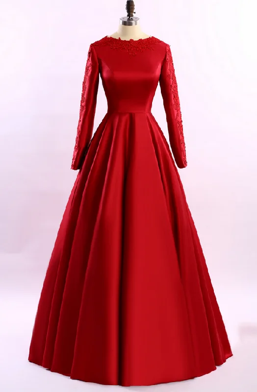 Whimsical Evening Gown Simple Red Long Sleeves A-Line Long Evening Dress Formal Dress,DP1131