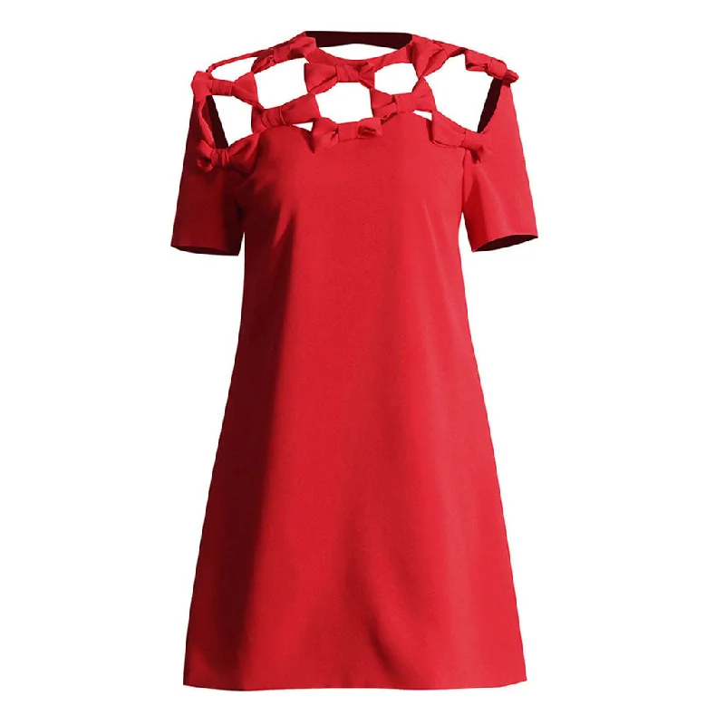 Lace Overlay Dress Sophisticated Bow Cut Out Short Sleeve Crew Neck Crepe Mini Shift Dress Lace Overlay Dress Sophisticated Bow Cut Out Short Sleeve Crew Neck Crepe Mini Shift Dress
