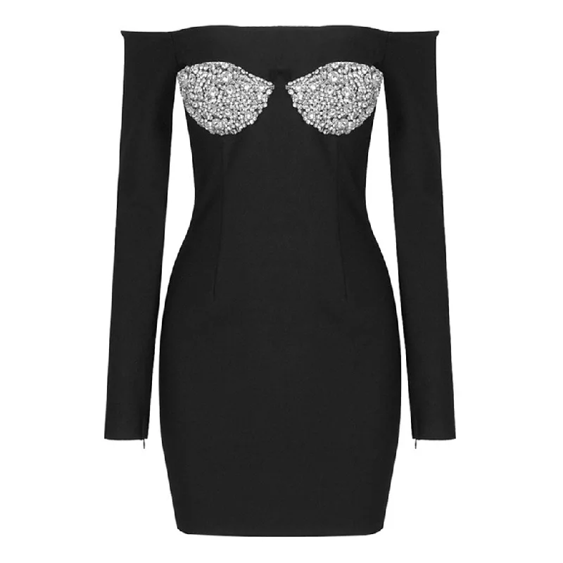 Dazzling Evening Dress Sparkly Crystal Bra Embellished Off Shoulder Long Sleeve Mini Bandage Dress Dazzling Evening Dress Sparkly Crystal Bra Embellished Off Shoulder Long Sleeve Mini Bandage Dress