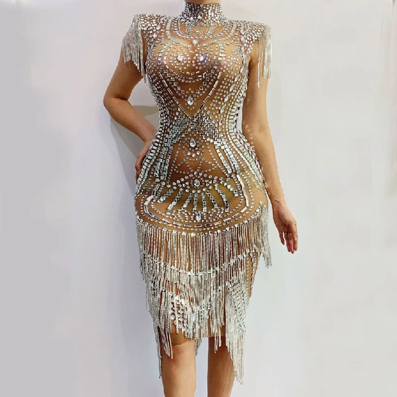 Lace Sleeves Dress Sparkly Rhinestone Fringe Trim Shoulder Pad High Neck Mesh Midi Party Dress Lace Sleeves Dress Sparkly Rhinestone Fringe Trim Shoulder Pad High Neck Mesh Midi Party Dress