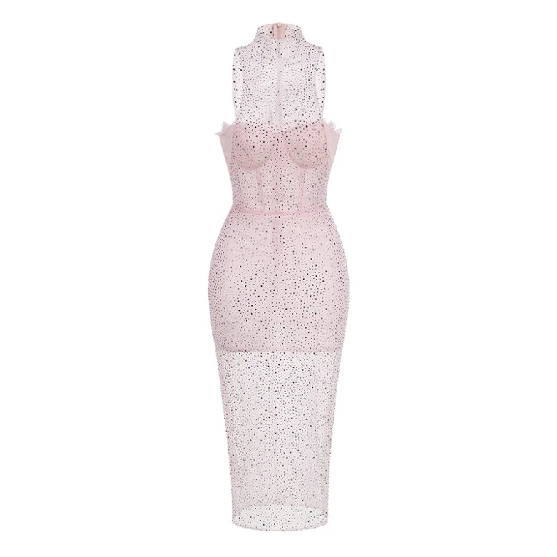 Chic Satin Dress Sweet High Neck Bustier Sleeveless Sheer Rhinestone Mesh Midi Dress Chic Satin Dress Sweet High Neck Bustier Sleeveless Sheer Rhinestone Mesh Midi Dress