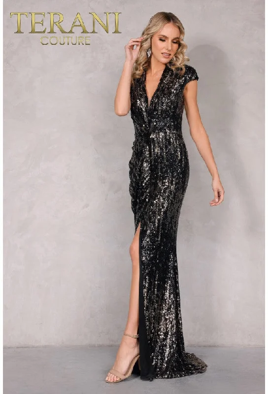 Side Slit Gown Terani Couture 2021E2860 Wrap Over V-neckline Crystal Sequin Embellished Slit Dress by Terani Side Slit Gown Terani Couture 2021E2860 Wrap Over V-neckline Crystal Sequin Embellished Slit Dress by Terani
