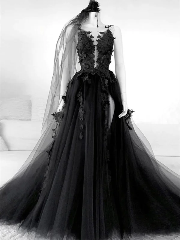 Figure-Flattering Gown Black Appliques Backless Tulle Long Prom Dress Formal Party Dress with Slit,DP1019