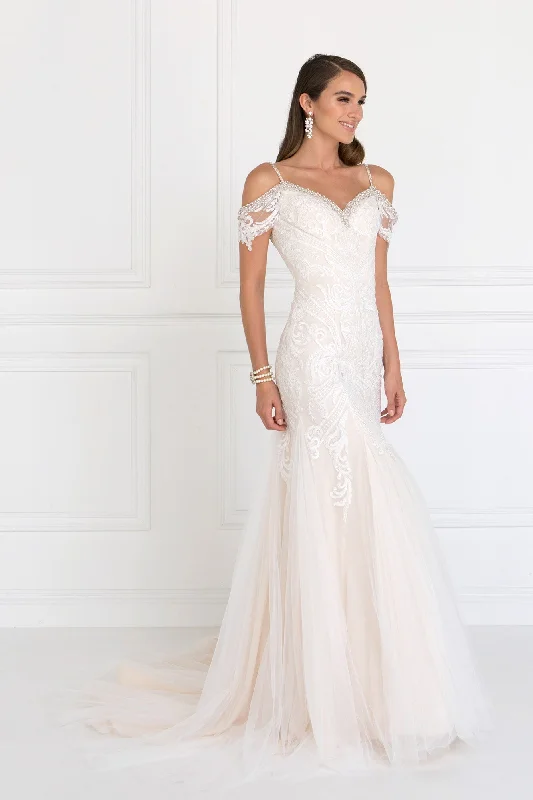 Puffy Sleeve Dress Tulle Off-Shoulder Sweetheart Mermaid with Lace Applique Long Wedding Dress GLGL1513