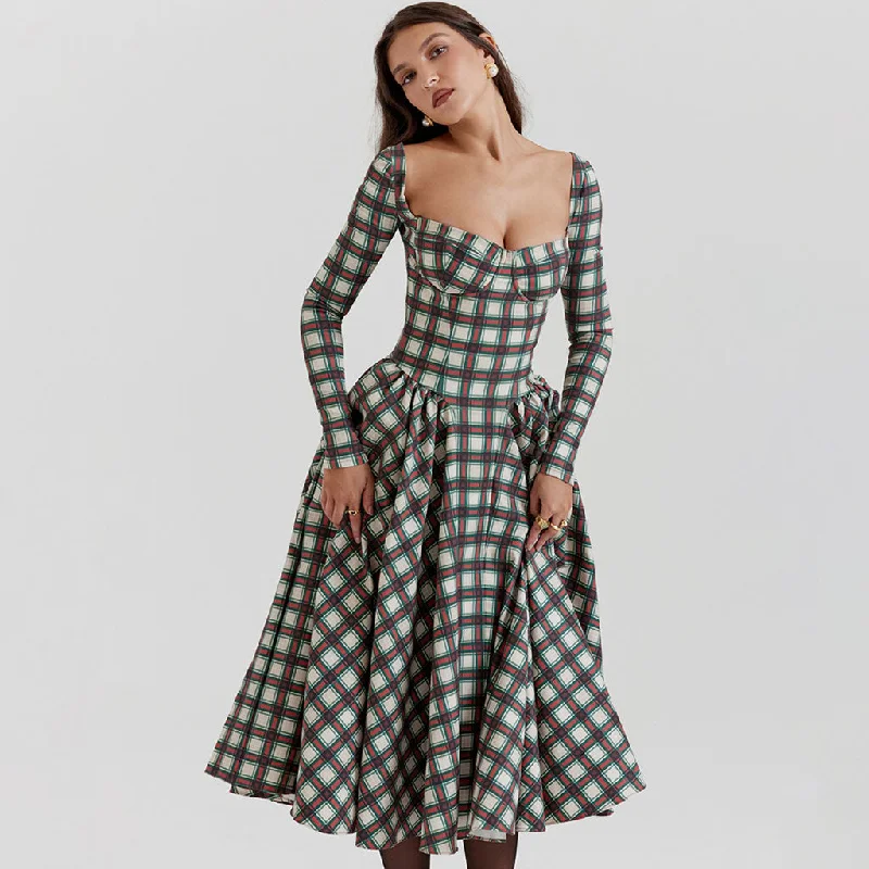 Satin Draped Gown Vintage Bustier Tartan Pattern Pleated Winter Long Sleeve Midi Dress