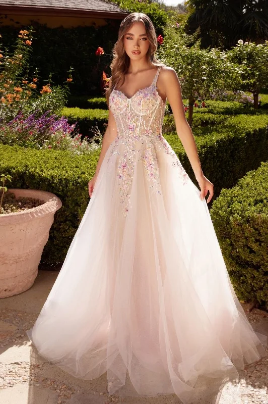 Polka Dot Gown White A-Line Multi Colored Floral Embellishment Long Wedding Dress CDA1288
