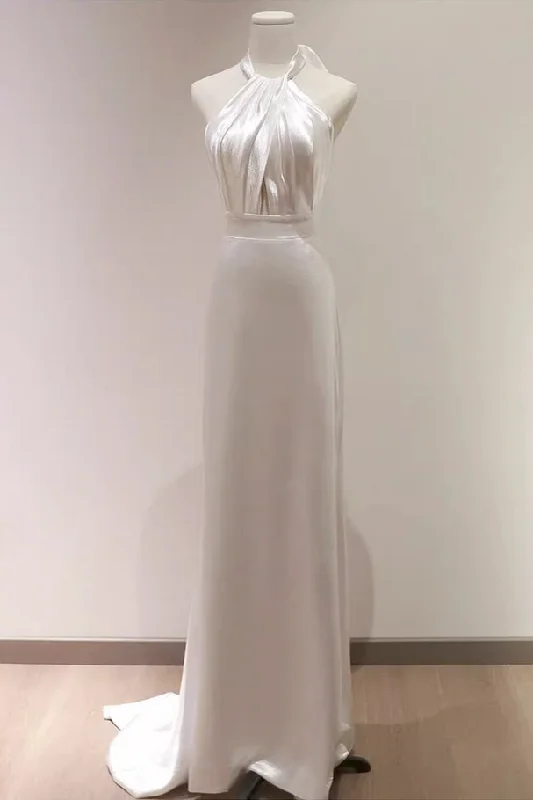 Perfect Prom Dress White Halter Light Wedding Dresses Bride Dresses Fishtail Evening Dresses,DP1123