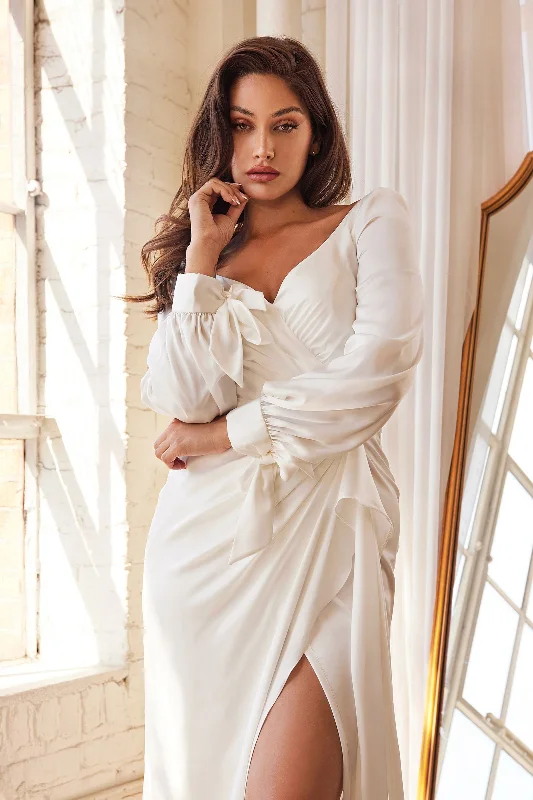 Winter Ball Gown Wrap-Effect Long Sleeve Satin Floor-Length Skirt Leg Slit Long Wedding & Bridal Dress CD7478W Sale Winter Ball Gown Wrap-Effect Long Sleeve Satin Floor-Length Skirt Leg Slit Long Wedding & Bridal Dress CD7478W Sale