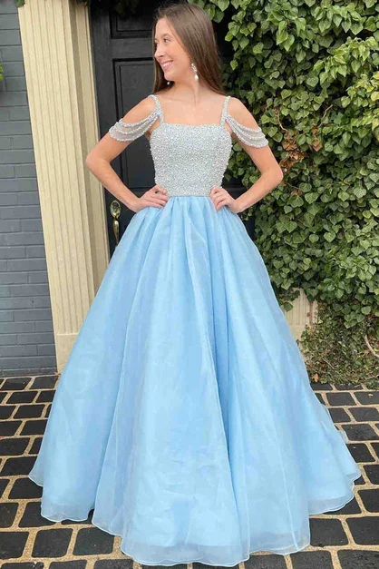 Polished Formal Dress Blue Spaghetti Straps A-Line Beaded Long Prom Dress,DP1399