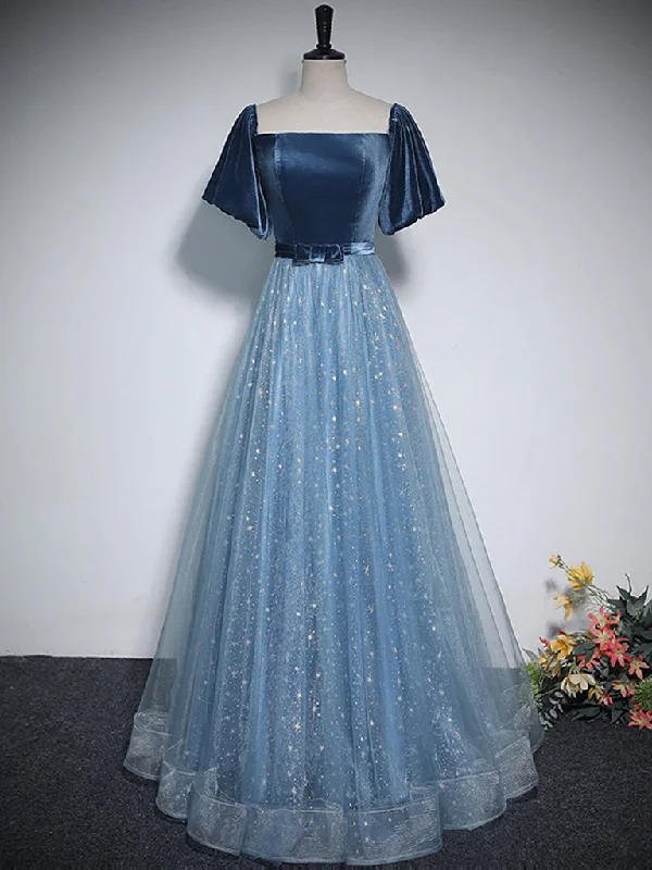 Pearl Embellished Gown A-Line Blue Tulle Velvet Long Prom Dress, Blue Formal Dress Pearl Embellished Gown A-Line Blue Tulle Velvet Long Prom Dress, Blue Formal Dress