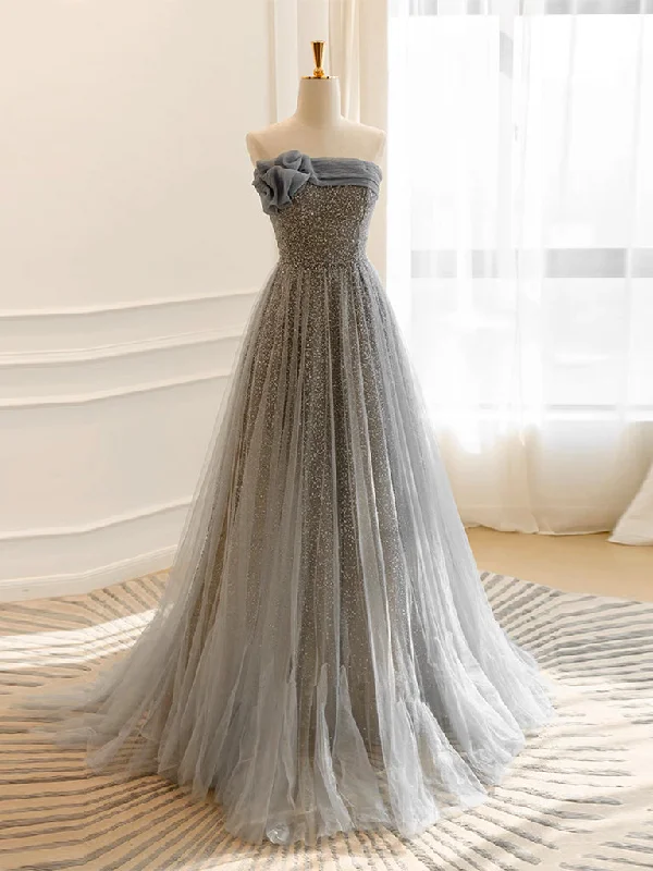 Bold Red Dress A-Line Gray Tulle Sequin Long Prom Dress, Gray Long Formal Dress