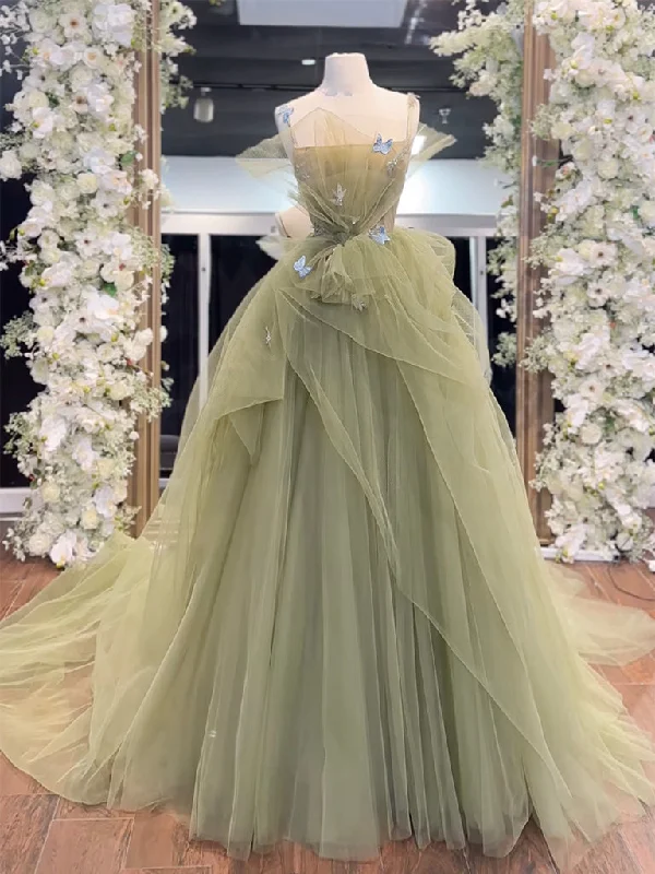 Mermaid Cut Dress A-Line Green Tulle Long Prom Dress, Green Long Graduation Dress