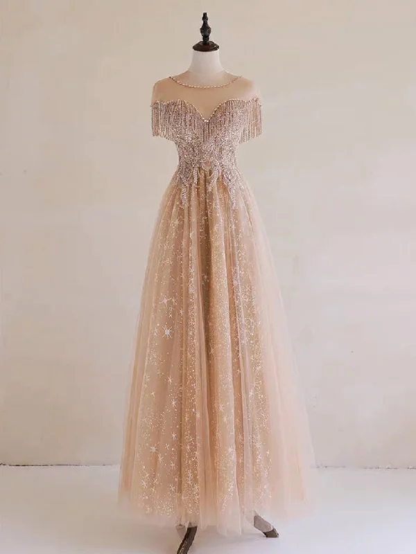 Elegant Organza Dress A-Line Lace Champagne Long Prom Dress, Champagne Lace Long Formal Dress Elegant Organza Dress A-Line Lace Champagne Long Prom Dress, Champagne Lace Long Formal Dress