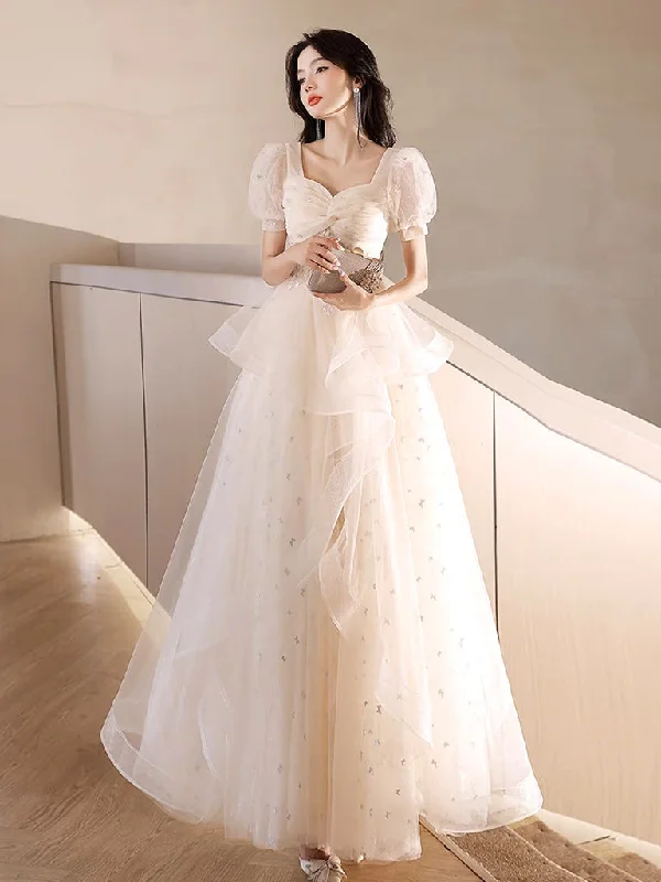 Sheer Panel Dress A-Line Light Champagne Tulle Lace Long Prom Dress, Light Champagne Long Evening Dress Sheer Panel Dress A-Line Light Champagne Tulle Lace Long Prom Dress, Light Champagne Long Evening Dress
