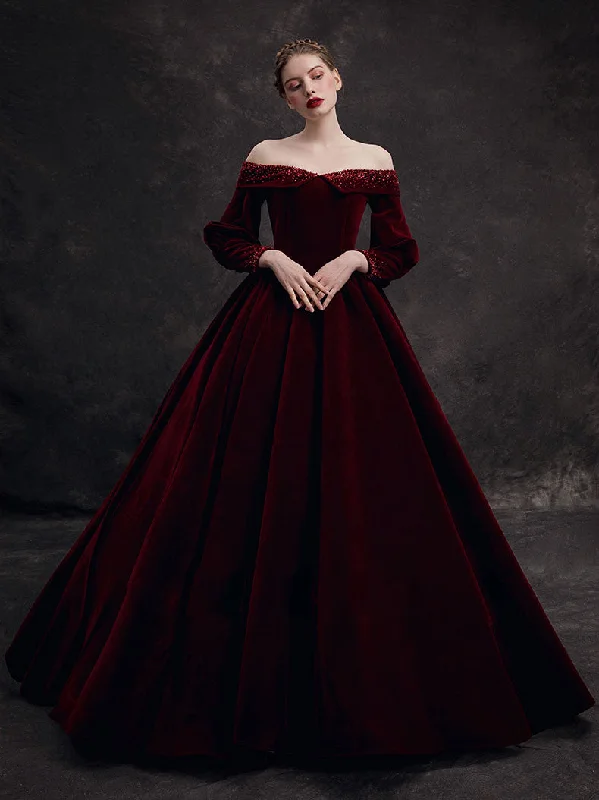 Glam Ball Gown A-Line Long Sleeves Velvet Burgundy Long Prom Dress, Burgundy Long Formal Dress Glam Ball Gown A-Line Long Sleeves Velvet Burgundy Long Prom Dress, Burgundy Long Formal Dress