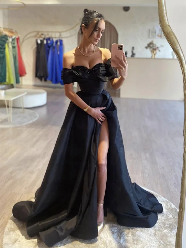 Sparkly Mermaid Dress A-Line Off Shoulder Satin Black Long Prom Dress, Black Long Evening Dress