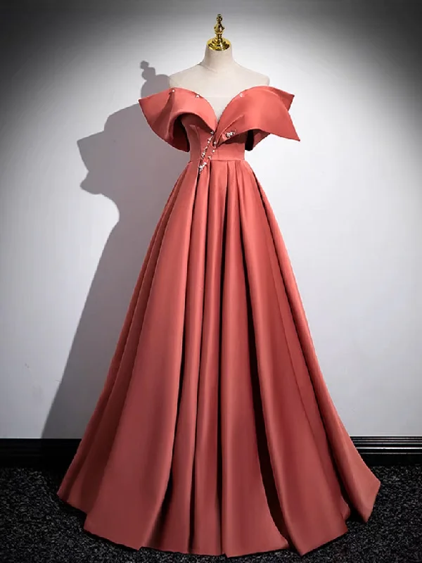 Chic Maxi Dress A-Line Off Shoulder Satin Watermelon Red Long Prom Dress, Watermelon Long Formal Dress Chic Maxi Dress A-Line Off Shoulder Satin Watermelon Red Long Prom Dress, Watermelon Long Formal Dress