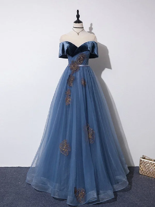 Wedding Reception Gown A-Line Off Shoulder Tulle Gray Blue Long Prom Dress, Blue Formal Dress Wedding Reception Gown A-Line Off Shoulder Tulle Gray Blue Long Prom Dress, Blue Formal Dress