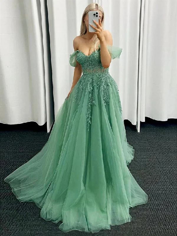 Perfect Fit Dress A-Line Off Shoulder Tulle Green Long Prom Dress, Green Lace Long Formal Dress